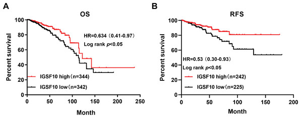 Kaplan–Meier survival curve was plotted with TCGA cohort by stratifying patients into IGSF10 high and low groups with median expression value.