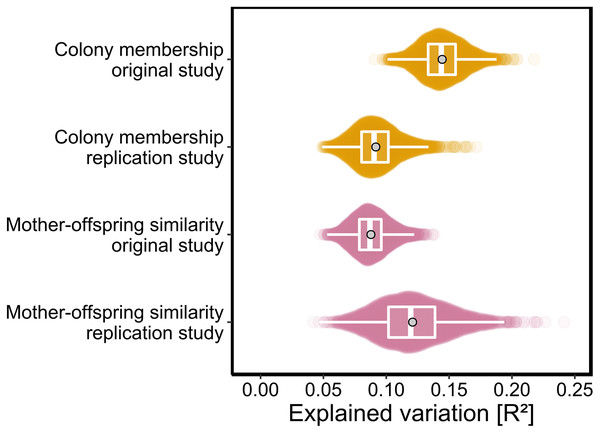 Effect sizes of colony membership and mother-offspring similarity in the original study (Stoffel et al., 2015) and in this replication study.