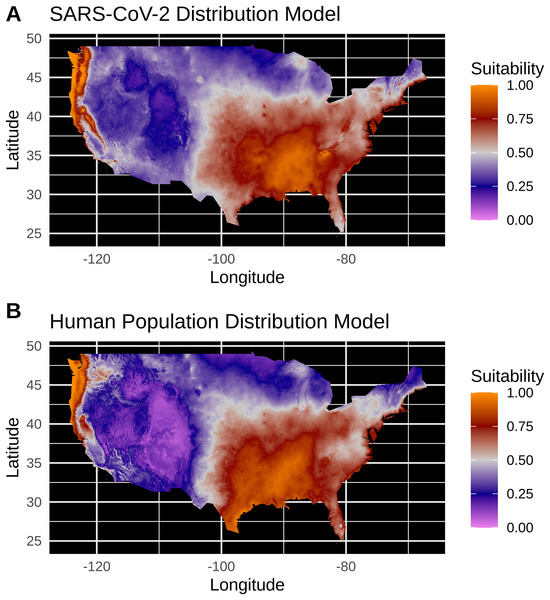 (A) Species distribution model of the SARS-CoV-2 coronavirus (using population scaled data) for 30 March 2020. (B) Human population distribution model for the US from 2010.
