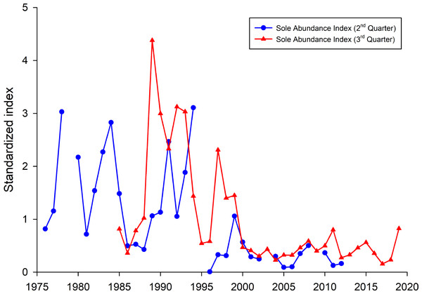 Sole abundance indices (standardized by the mean) for the German Bight area.