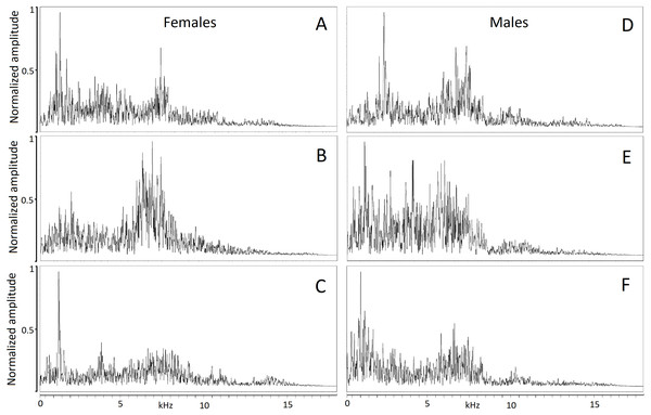 Powerspectrum of the hissing calls produced by six individuals showing individually distinct pattern.
