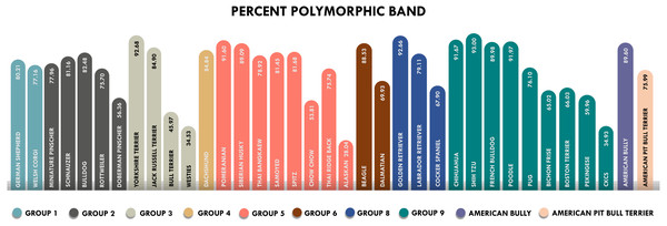 Percent polymorphic bands of 36 breeds of dogs classified by FCI groups.