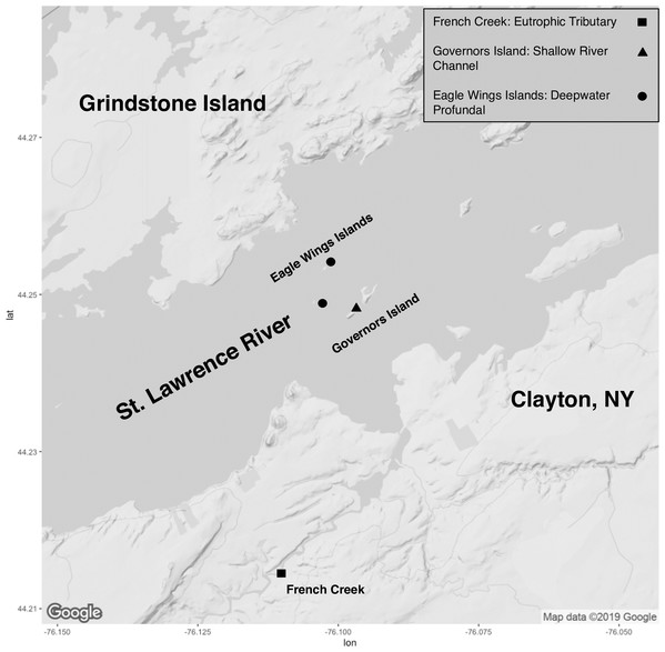 Sampling locations along the St. Lawrence River (Clayton, NY).