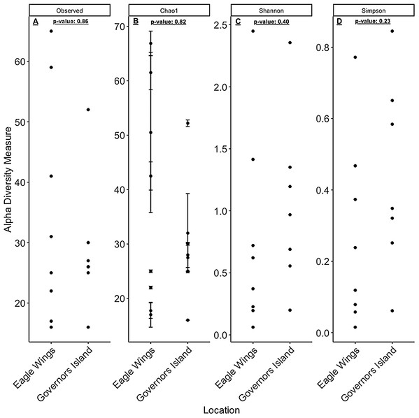 α-diversity metrics calculated from the Round Goby vs. Yellow Bullhead species comparison.