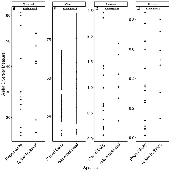 α-diversity metrics calculated from the Round Goby habitat comparison.