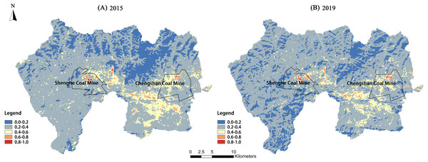 Spatial distribution of land surface temperature levels of the study area in 2015 and 2019.