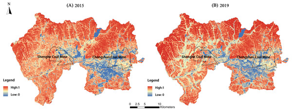 Vegetation coverage of the study area in 2015 and 2019.