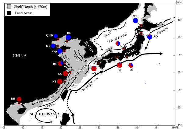 Map showing sample locations of the Japanese mantis shrimp.