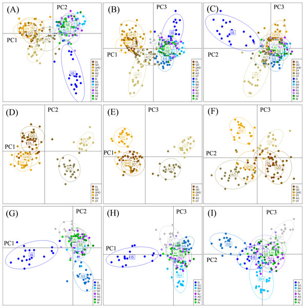 Results of Discriminant Analysis of Principal Components (DAPC) plots using the first three components.