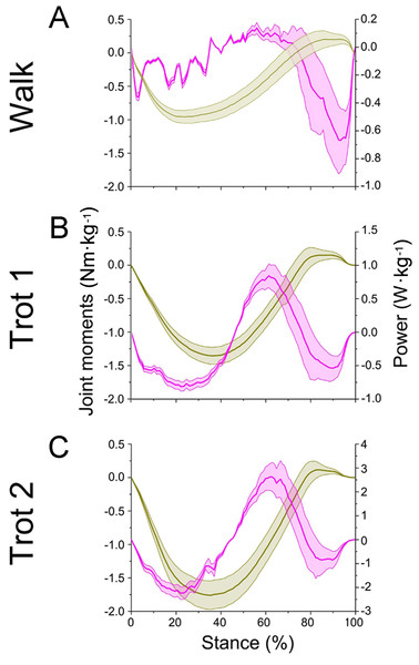 Means and standard deviations of net joint moment (yellow solid line, mean; yellow shaded area, standard deviation) and net joint power (pink solid line, mean; pink shaded area, standard deviation) at wrist joint d of the right forelimb.