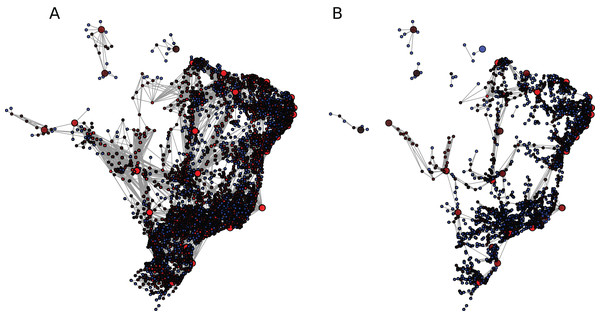 Brazilian mobility network (BR) under (A) η1 and (B) η2.