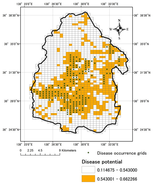 Disease occurrence grids and Distribution of occurrence probability of Verticillium wilt.