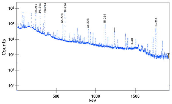Gamma-ray spectrum of a granite sample.