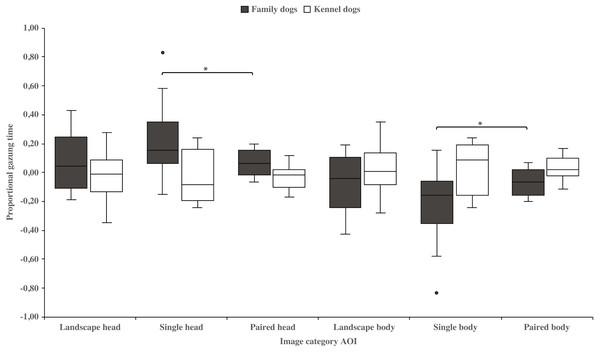 Gazing times of head and body areas between image categories in family and kennel dogs.