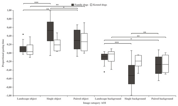 Gazing times of object and background areas between image categories in family and kennel dogs.