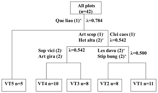 Dendrogram of two way indicator species analysis (TWINSPAN) classification of vegetation on abandonment cropland.