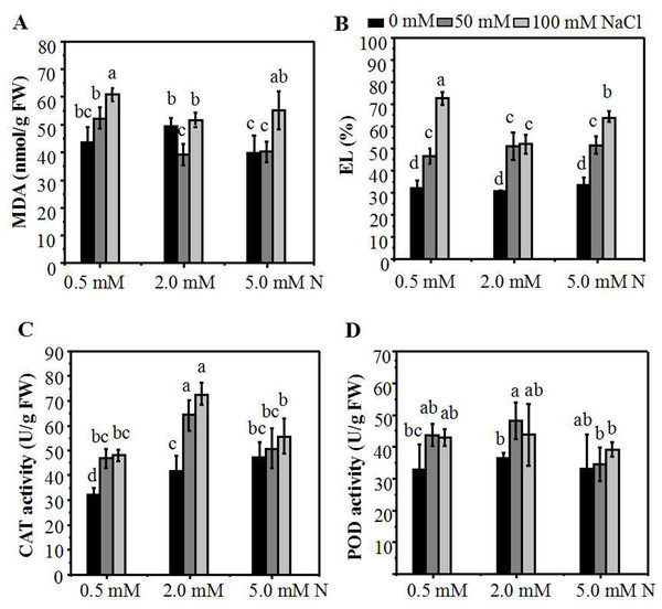 The membrane damage degree and antioxidant enzymes activities of the annual ryegrass leaves.