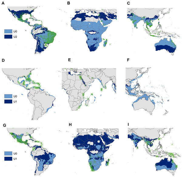 Regional views of the potential distribution (obtained with the minimum-volume ellipsoids that include 95% of occurrences) across the invasion area of Aedes aegypti (A, B and C), Pterois volitans (D, E and F) and Oreochromis mossambicus (G, H and I).