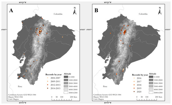 Maps of Ecuador showing known localities of the Harlequin Ladybird Harmonia axyridis (Pallas, 1773) by year.