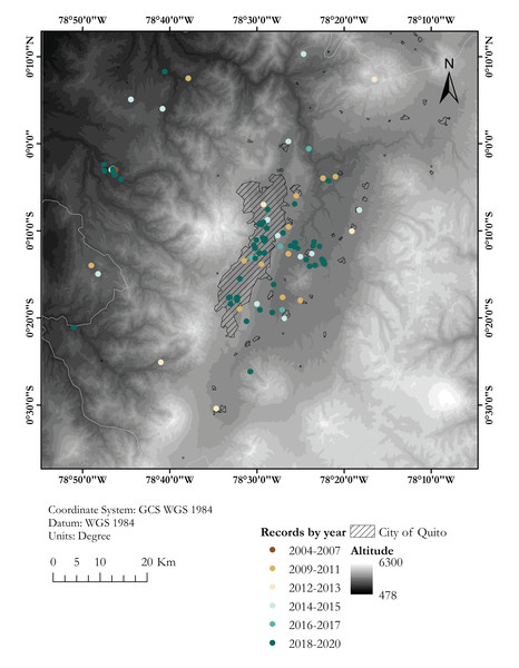 Map showing known localities of the Harlequin Ladybird in the valley of Quito, capital city of Ecuador, by year.