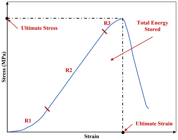 A typical stress-strain curve of a knee joint ligament loaded to failure, illustrating the three major regions of the curve.