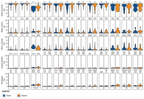Frequency distribution violin plots of the diversity motifs for H5N1 influenza A virus proteins.