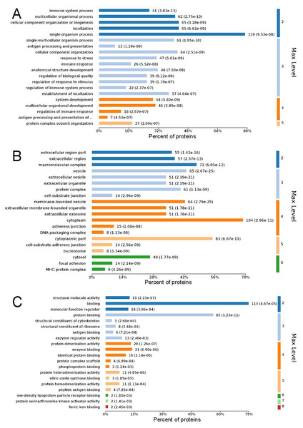 Maximum level corresponding to the top 20 proteins in the gene ontology enrichment categories of biological process (A), cellular component (B), and molecular function (C), and the percentages of enriched proteins.