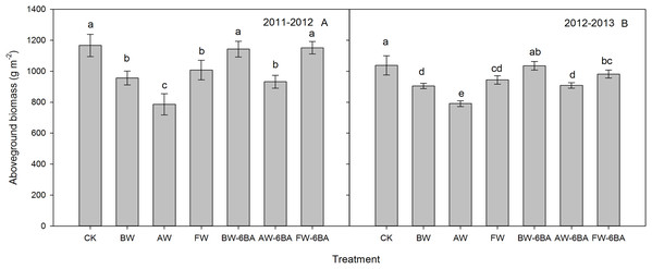 The effect of different treatments on the aboveground biomass production at maturity of 2011 to 2012 (A) and 2012 to 2013 (B) cycles.