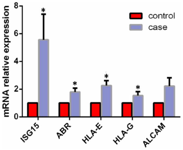 Comparison of mRNA expression levels of candidate genes in decidua tissues.
