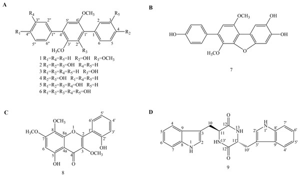 Chemical structures of compounds 1–9.