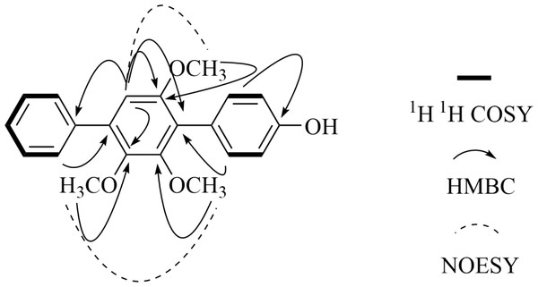 Key 2D NMR data of 4″-Ddeoxy- 2′-methoxyterphenyllin (1).