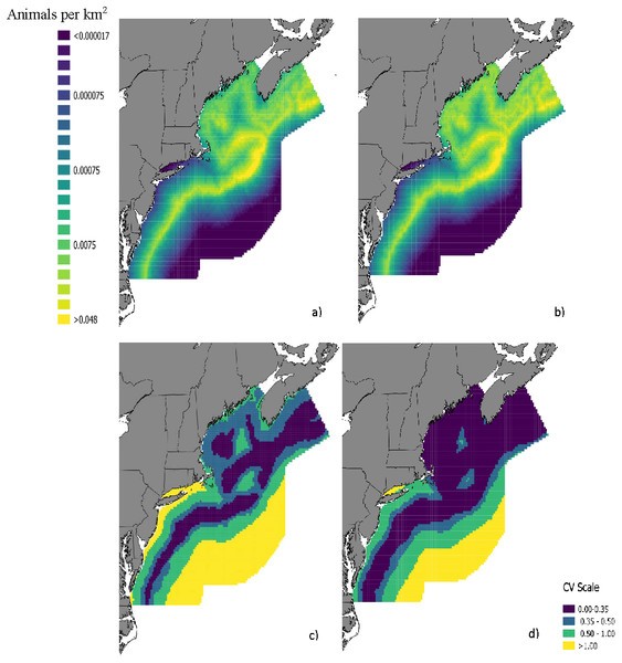 Maps of fin whale density with CVs.