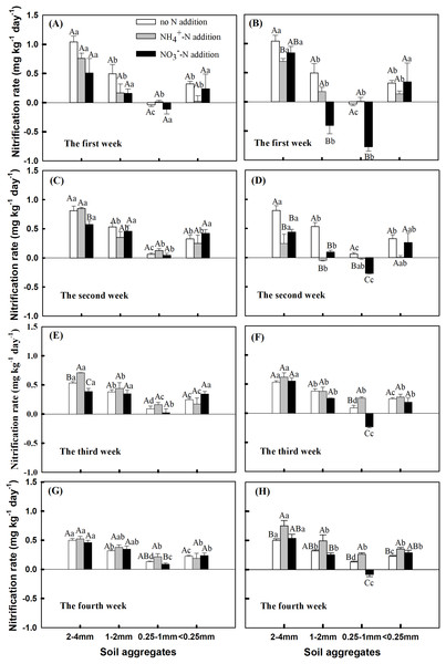 Effects of NH4+-N and NO3−-N addition on nitrification rate (Nr) during the 4 incubation period among soil aggregates of different sizes (Mean ± SE, n = 3) under the (A, C, E and G) addition of 5 mg N kg−1 aggregate and (B, D, F and H) addition of 10 mg N kg−1 aggregate.