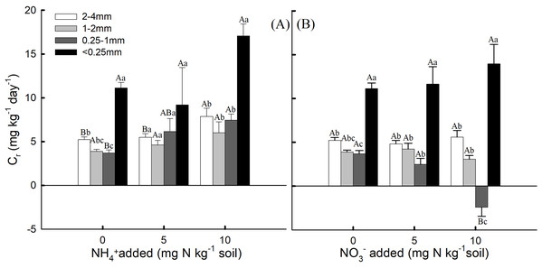 The contribution rate (Cr) of nitrification rate (Nr) for soil aggregates to the bulk soil under (A) NH4+-N addition and (B) NO3−-N addition treatments (Mean ± SE, n = 3) of the fourth week.