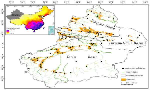 Distribution of croplands, meteorological stations and river systems in Xinjiang within China.