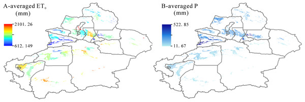 Spatial distribution of averaged references evapotranspiration (ET0) (A) and averaged precipitation (P) (B) in Xinjiang during 1995–2017.