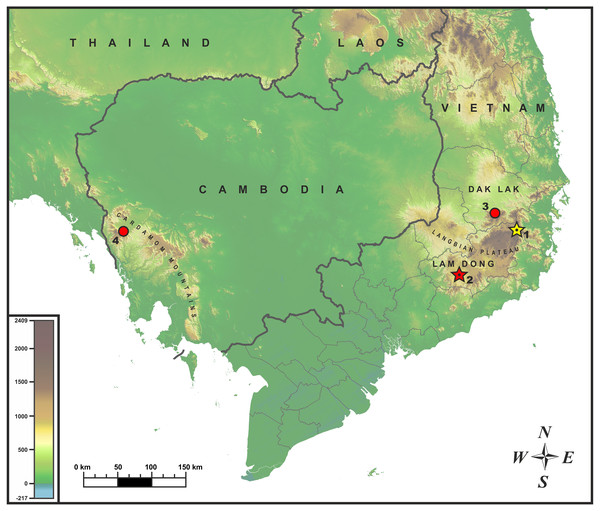 Known distribution of Oligodon annamensis Leviton, 1953 (red) and Oligodon rostralis sp. nov. (yellow) in Indochina.