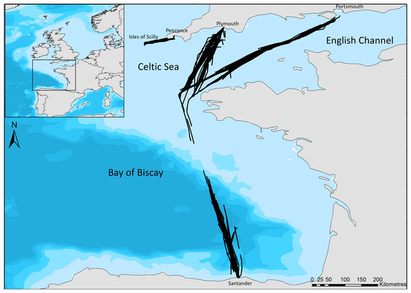 The ferry routes travelled between Plymouth—Santander—Portsmouth through the English Channel and Bay of Biscay, and from Penzance—St Mary’s in the Celtic Sea.