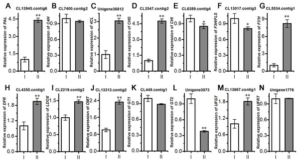 Comparision of the relative expression of 14 flavonoid biosynthesis genes in mycorrhizal A. roxburghii and non-mycorrhizal control.