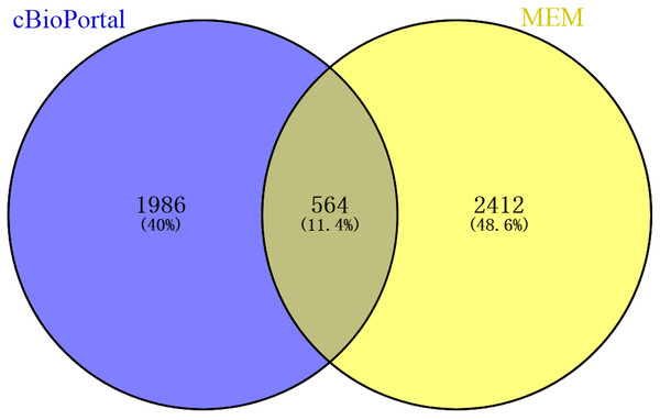 Venn diagram of coexpressed genes obtained from MEM and cBioPortal.