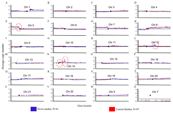 Overview of the genome mountain plot of CNV in current smokers and nonsmokers in TCGA LUAD samples.