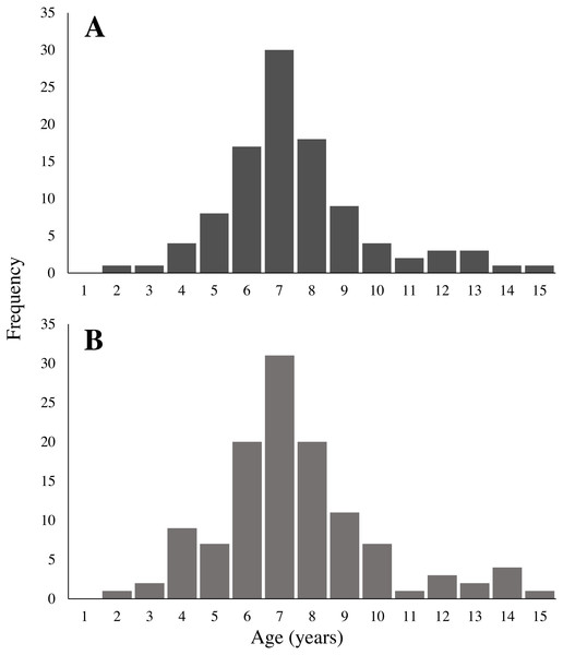 Age frequency of (A) collected and (B) in-situ  Leptogorgia virgulata colonies.