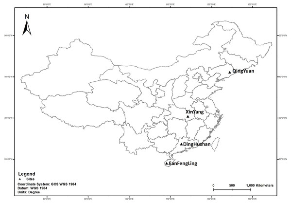 The location of forest stands at four sites across eastern China.