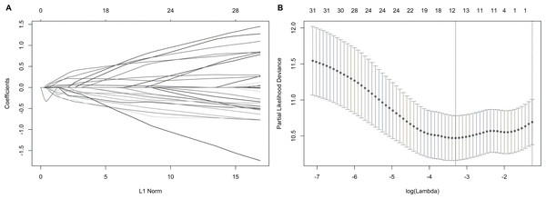 Construction of the prognostic index based on the most significant survival-associated splicing factor genes ( P < 0.005) using the LASSO COX regression model.