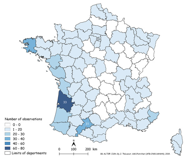 Map of records of Obama nungara in Metropolitan France in the period 2013–2018, shown as records in each Department.