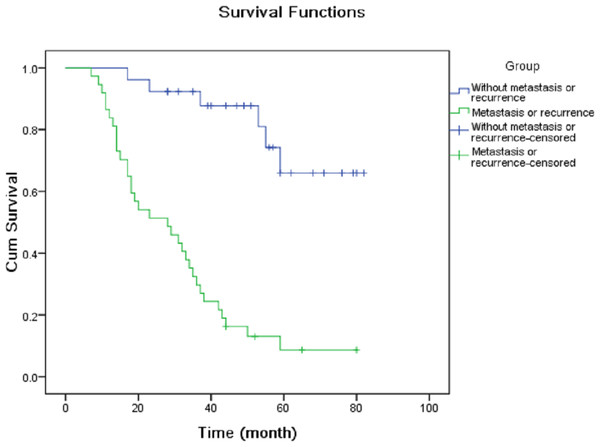 Kaplan–Meier analysis of cumulative survival for metastasis or recurrence using Log Rank test.