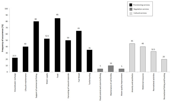 Frequency of occurrence (%) of ecosystem services in the four communities where people were interviewed.