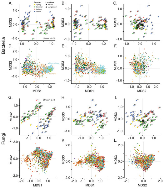 Non-metric multidimensional scaling (NMDS) of bacterial and fungal community composition.