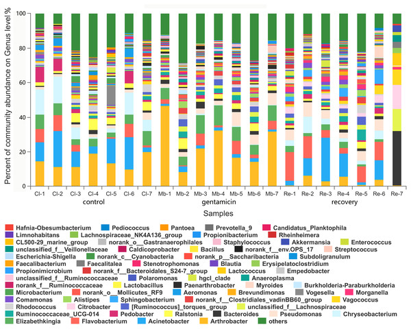 Bacterial community and distribution at the genus level.