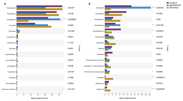 Kruskal–Wallis H test bar plots for analyses at the phylum (A) and genus (B) levels.